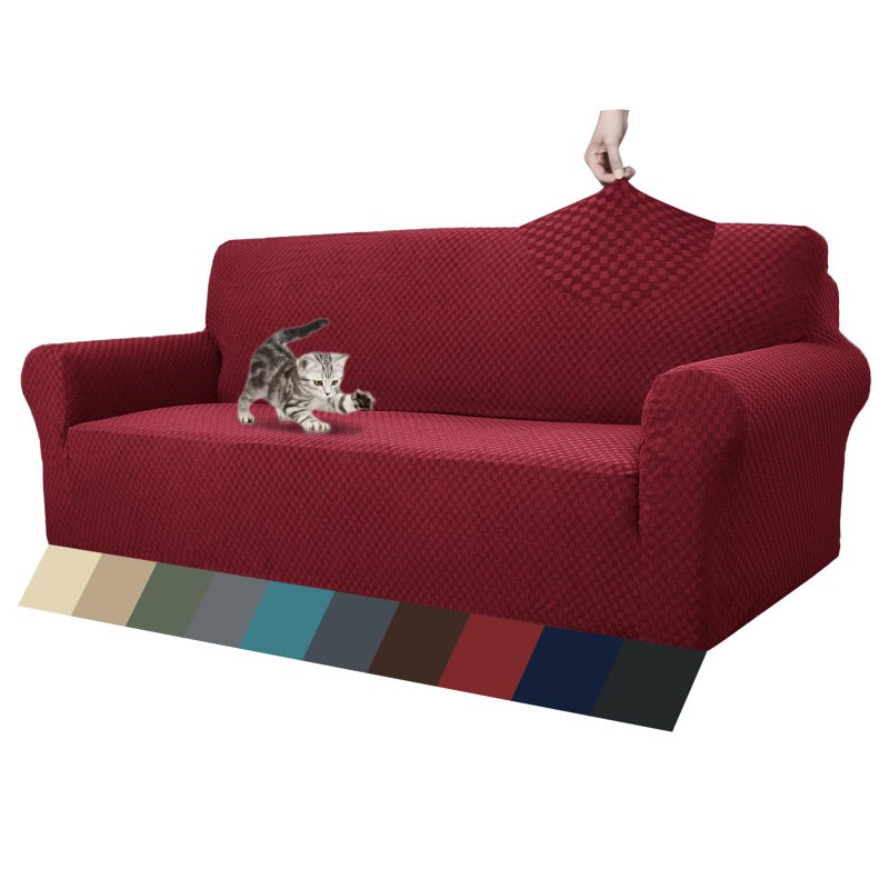 ZNSAYOTX 1 Piece Jacquard Couch Covers for 3 Cushion Couch Living Room High Stretch Sofa Cover Pets Dogs Friendly Anti Slip Thickened Slipcovers Furniture Protector (Sofa, Wine Red) - Image 1